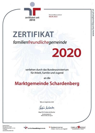 Zertifikat famileinfreundlichegemeinde Marktgemeinde Schardenberg 2020