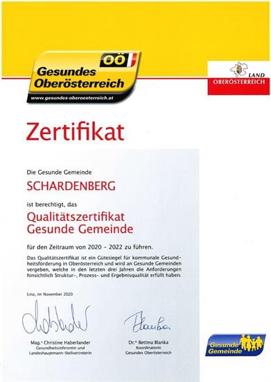 Zertifikat Gesunde Gemeinde Marktgemeinde Schardenberg 2020-2022